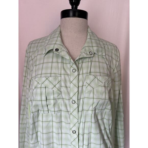 REI Green Plaid Long Sleeve Blouse Top Nylon Spandex Stretch Womens XL - Picture 2 of 8